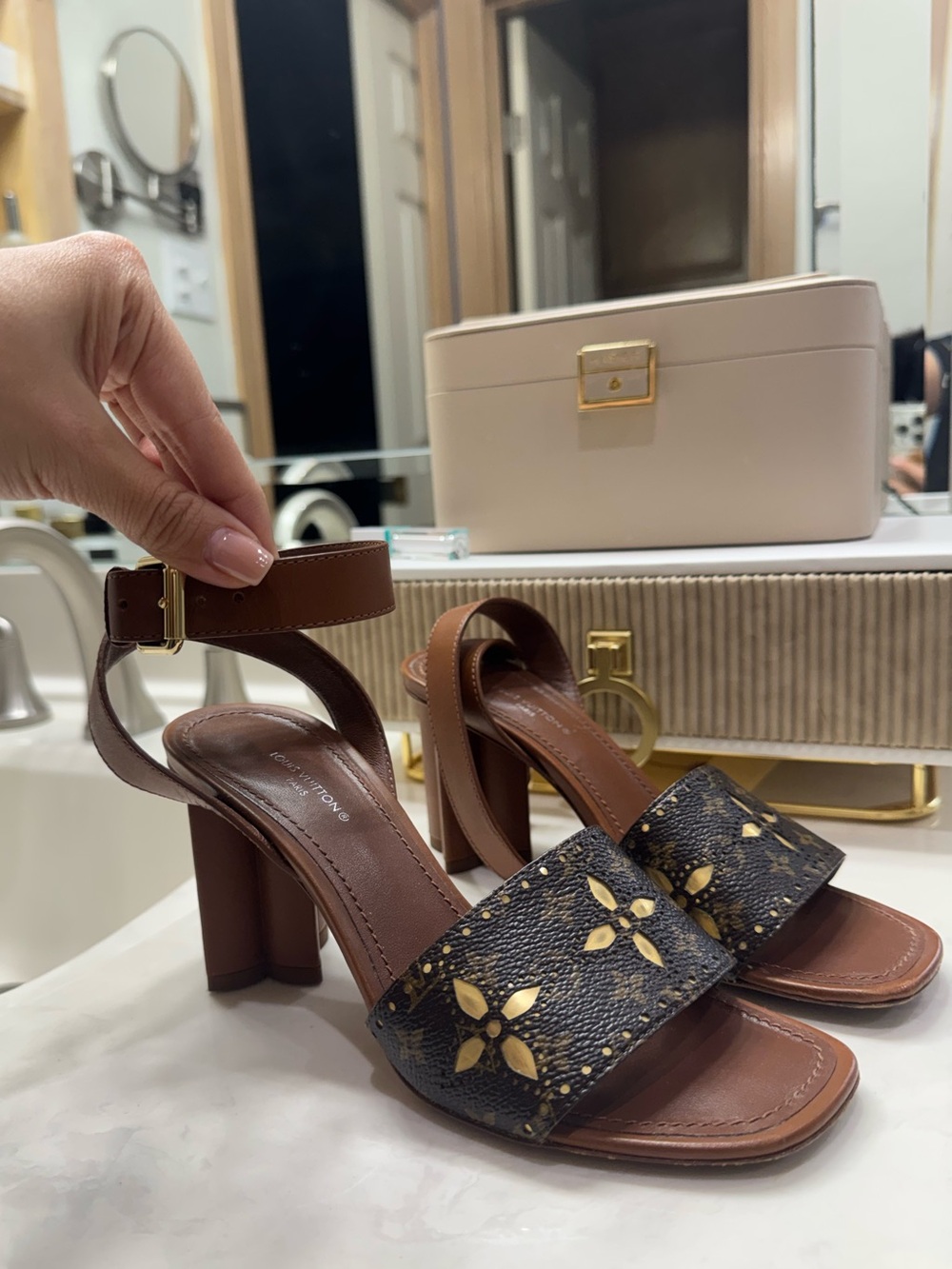 Louis Vuitton Brown Leather Block Heel Sandals with Monogrammed Strap